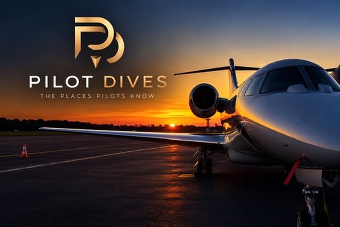 Pilot Dives. The places pilots know. A business jet on the ramp at sunset.