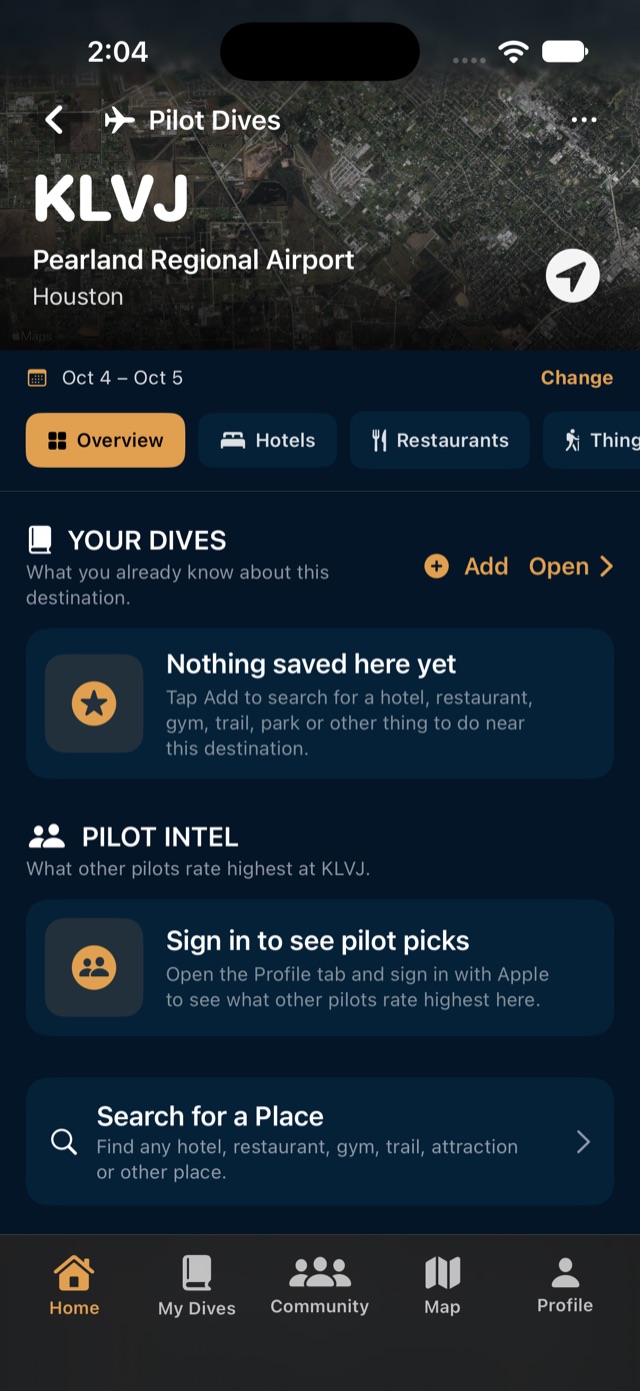 The airport page for KLVJ showing Your Dives, Pilot Intel and category tabs