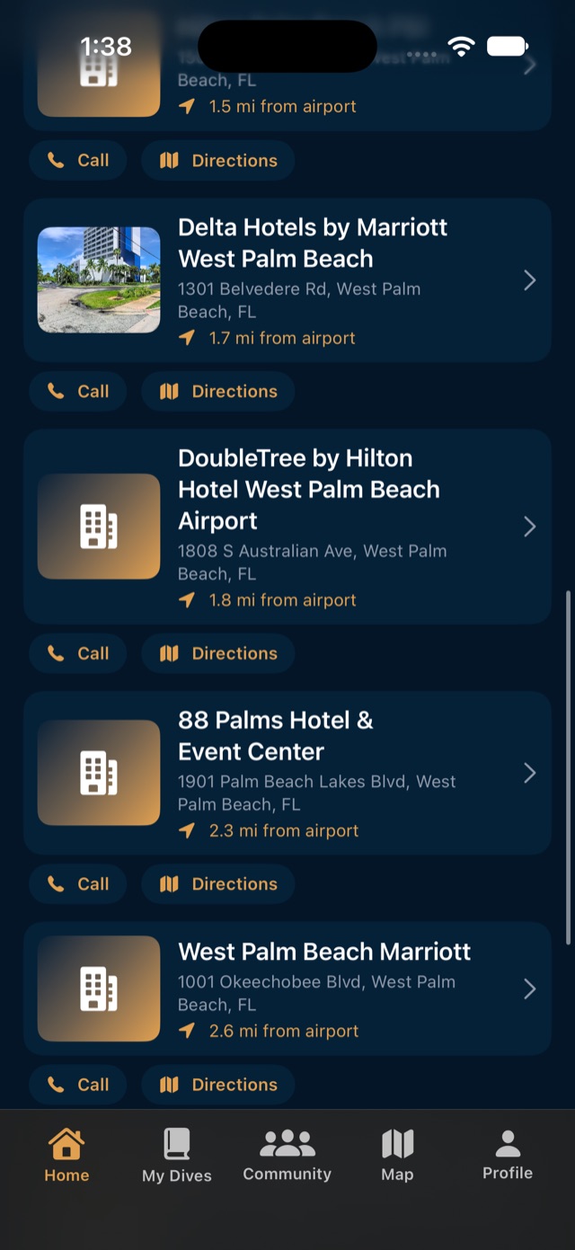 A list of hotels near an airport, each with Call and Directions buttons
