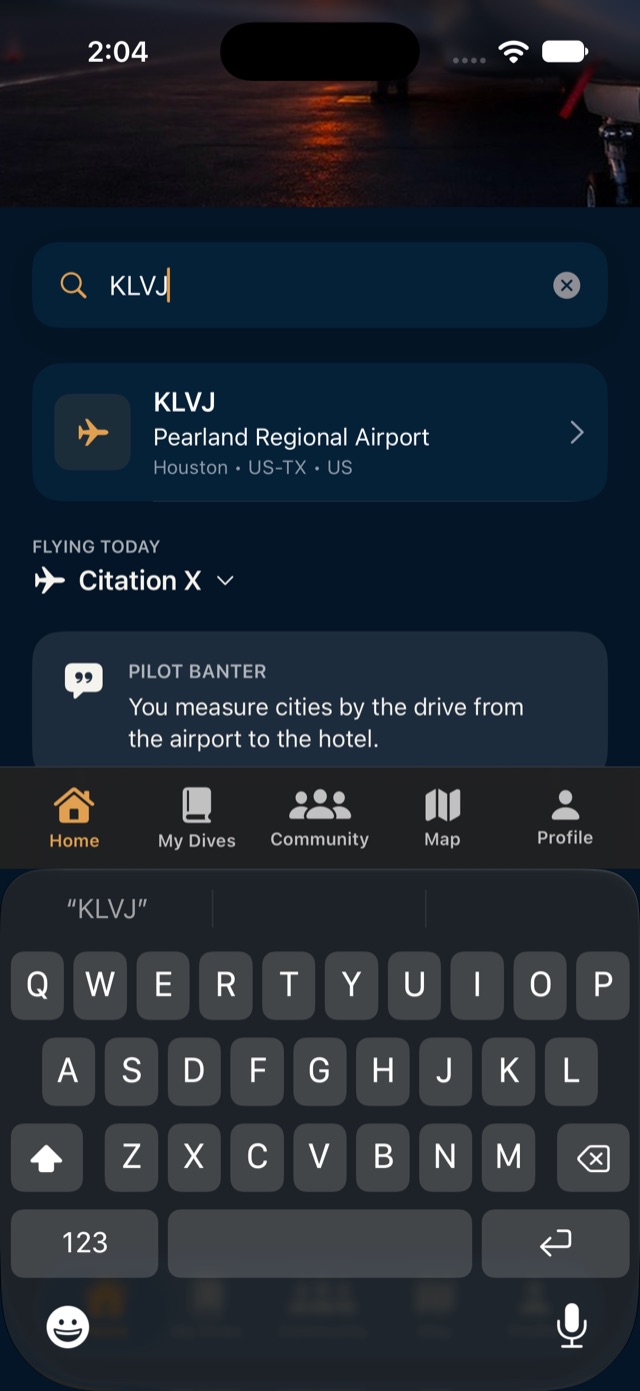 The Pilot Dives home screen with a search for KLVJ showing Pearland Regional Airport